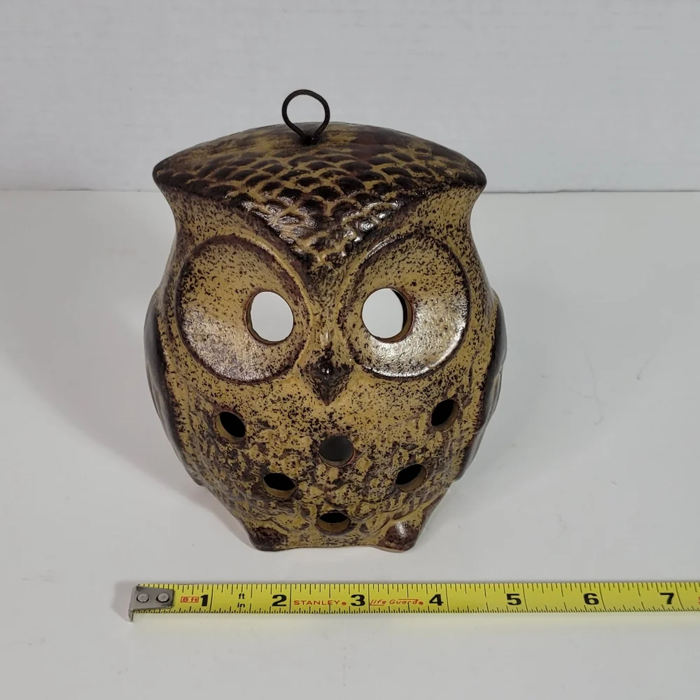 Vintage Ceramic Owl Lantern Tealight Candleholder w Loop for Hanging 1970s